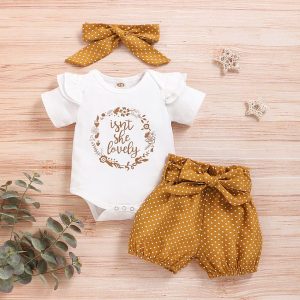 Catpapa Baby Girls Letter Print Short Sleeve Bodysuit + Polka Dot Shorts + Headband