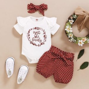 Catpapa Baby Girls Outfit Set Letter Short Sleeves Bodysuit Polka Dot Shorts Headband