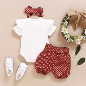 Catpapa Baby Girls Outfit Set Letter Short Sleeves Bodysuit Polka Dot Shorts Headband