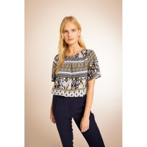 Defacto Woman Traditional Loose Fit Crew Neck Woven Short Sleeve Blouse - Navy