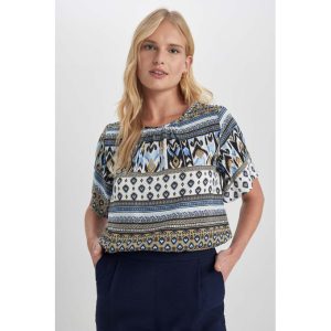 Defacto Woman Traditional Loose Fit Crew Neck Woven Short Sleeve Blouse - Navy