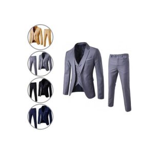 Fashion 1 Set Men Suit Slim Single-breasted Korean Style Blazer Zipper Fly Pants Black