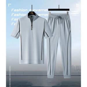 Fashion 2Piece Set Men's Short Sleeve Jogging T-Shirt & Pants Full Suit Sportswear-Blue