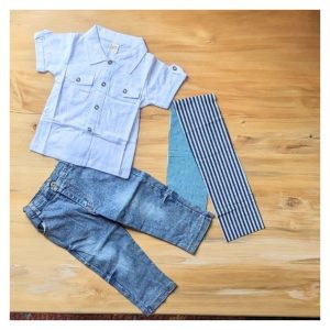 Fashion Denim Pants With Short Sleeved White Tee - Blue And White