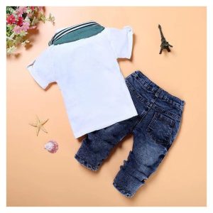 Fashion Denim Pants With Short Sleeved White Tee - Blue And White