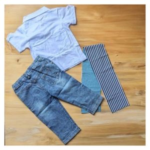 Fashion Denim Pants With Short Sleeved White Tee - Blue And White