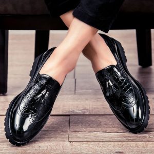 Fashion Men Glossy Casual Brogue Official Leather Shoes Oxford Loafers & Slip-Ons Black