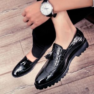 Fashion Men Glossy Casual Brogue Official Leather Shoes Oxford Loafers & Slip-Ons Black