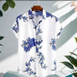 Fashion Men's Hawaiian Ink Print Bottom-down Beach Short Sleeve T-Shirt Casual Tops