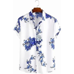 Fashion Men's Hawaiian Ink Print Bottom-down Beach Short Sleeve T-Shirt Casual Tops