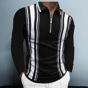 Fashion Men's Striped Shirts Long-sleeved Polo T-shirt Business-Black