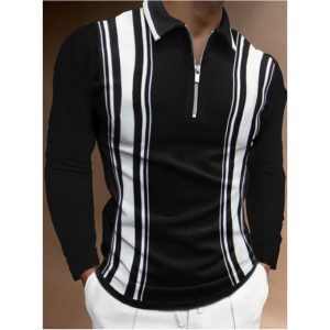 Fashion Men's Striped Shirts Long-sleeved Polo T-shirt Business-Black