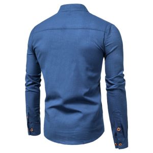 Fashion Mens Turtleneck Polos Formal Long Sleeve Vintage Shirts-Blue