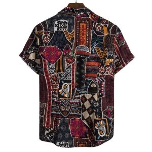 Fashion Mens Vintage Graffiti Short Patterned Sleeve Button-Down Hawaii Beach Shirt-Red