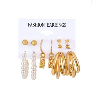 Fashion Pearl Earrings Hoop Earrings Set Punk Metal Drop Earrings 6 Pairs