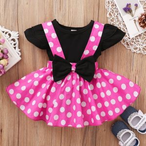 Fashion Toddler Baby Girls Cute Outfit Set Short Sleeves Shirt Polka Dot Suspender Skirt