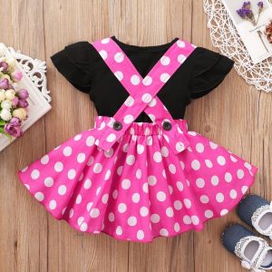 Fashion Toddler Baby Girls Cute Outfit Set Short Sleeves Shirt Polka Dot Suspender Skirt