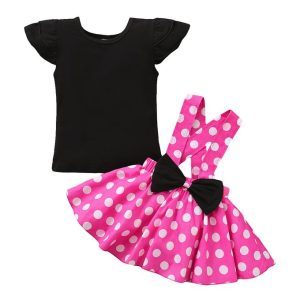 Fashion Toddler Baby Girls Cute Outfit Set Short Sleeves Shirt Polka Dot Suspender Skirt