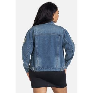 Fashion Women's Drop Shoulder Flap Pocket Patched Button Up Denim Jacket, Blue