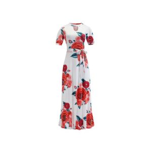 Fashion Women's Floral Sleeve Office Long Grown Dresses Casual Clothing Red