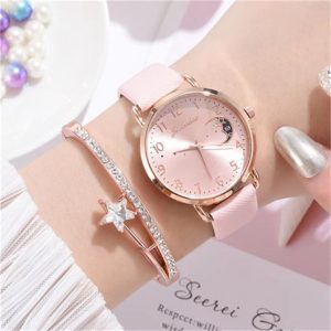 Fashion Women's WatchWatch + BraceletLeather Strap Casual Ladies Watch + Bracelet