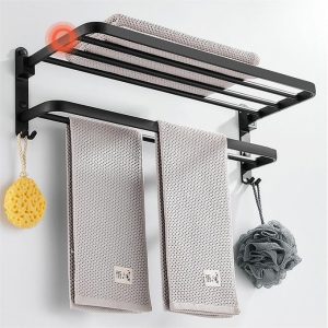 Home Wall Mounted Bathroom Organizer, Towel Rack-Double Layer-Foldable-Aluminum