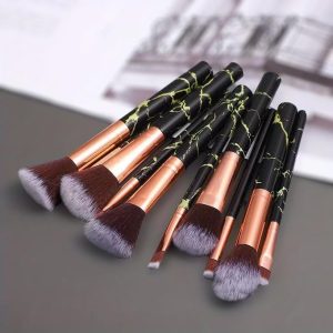 Makeup Brush Set 10Pcs, comes with Brush Cleaner pad- Black marble