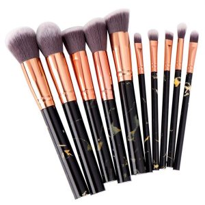 Makeup Brush Set 10Pcs, comes with Brush Cleaner pad- Black marble