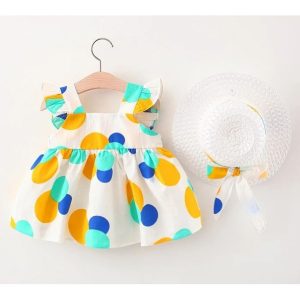 Sleeveless Baby Girl Big Bow Dress Printed Cotton 2-piece Set With Visor—spliced Circle Set