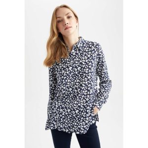 Defacto Woman Casual Oversize Fit Woven Long Sleeve Shirt - Navy