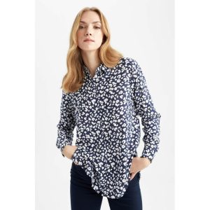 Defacto Woman Casual Oversize Fit Woven Long Sleeve Shirt - Navy