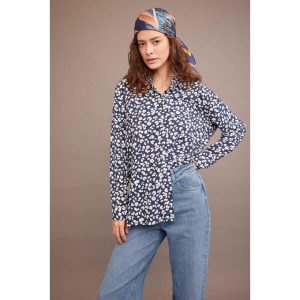 Defacto Woman Casual Oversize Fit Woven Long Sleeve Shirt - Navy