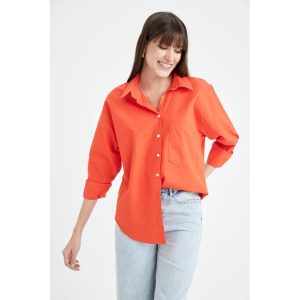 Defacto Woman Casual Oversize Fit Woven Long Sleeve Shirt - Orange