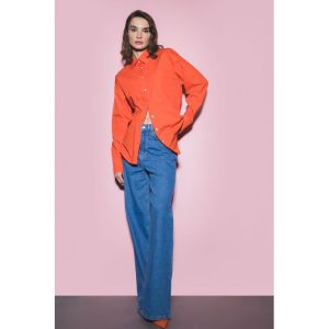 Defacto Woman Casual Oversize Fit Woven Long Sleeve Shirt - Orange