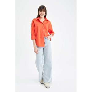 Defacto Woman Casual Oversize Fit Woven Long Sleeve Shirt - Orange