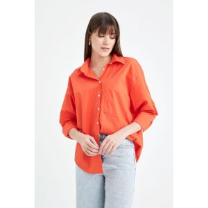 Defacto Woman Casual Oversize Fit Woven Long Sleeve Shirt - Orange