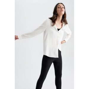 Defacto Woman Casual Regular Fit Woven Long Sleeve Shirt - Ecru