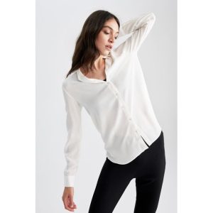 Defacto Woman Casual Regular Fit Woven Long Sleeve Shirt - Ecru