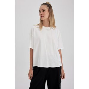 Defacto Woman Coool Loose Fit Knitted Short Sleeve T-Shirt - White