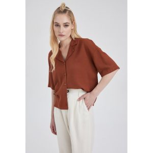 Defacto Woman Young Relax Fit Woven Short Sleeve Shirt - Brown