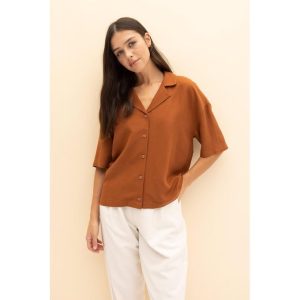 Defacto Woman Young Relax Fit Woven Short Sleeve Shirt - Brown