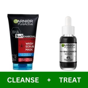 Garnier AHA+BHA Charcoal Serum + Pure Active 3-in-1 Charcoal Mask (Anti Acne Skin Care Kit)