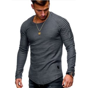 Solid Color Pleated Patch Detail Long Sleeve T-Shirt Men Spring Casual Pullovers Slim Tops